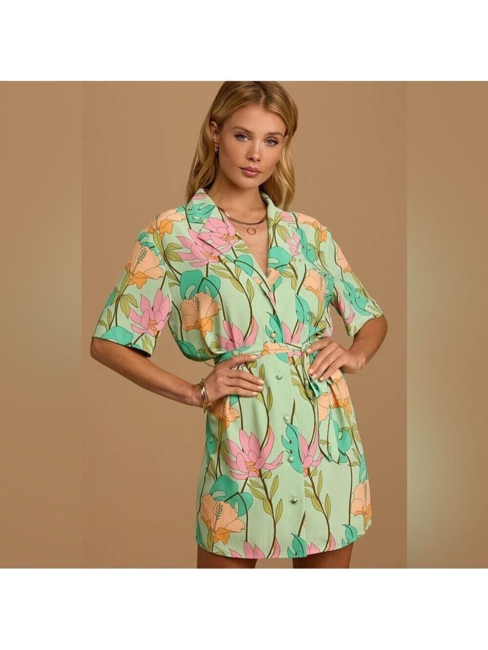 Lulus Totally Tropical Light Green Floral Print Shirt Dress - Size Small